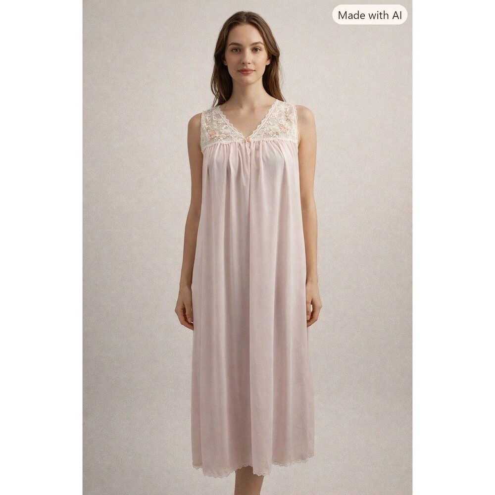 Shadowline Women’s Pink Long Nightgown Slip Dress M Lace Trim Floral Croquette